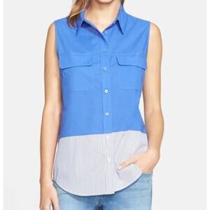 Equipment Femme Slim Signature Sleeveless Blouse Top Button Up Blue Womens Small